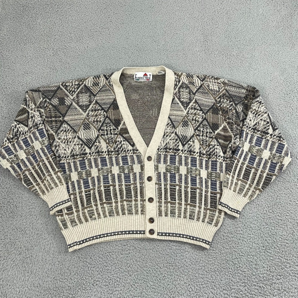 VTG Florence Tricot Cardigan L  Abstract 90s Italy Knit Button Grandpa Sweater